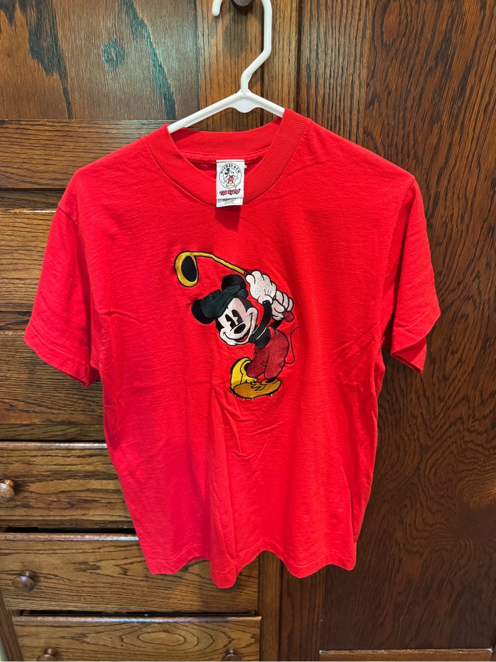Disney Red Short Sleeve Tee with Embroidered Mickey Golfer